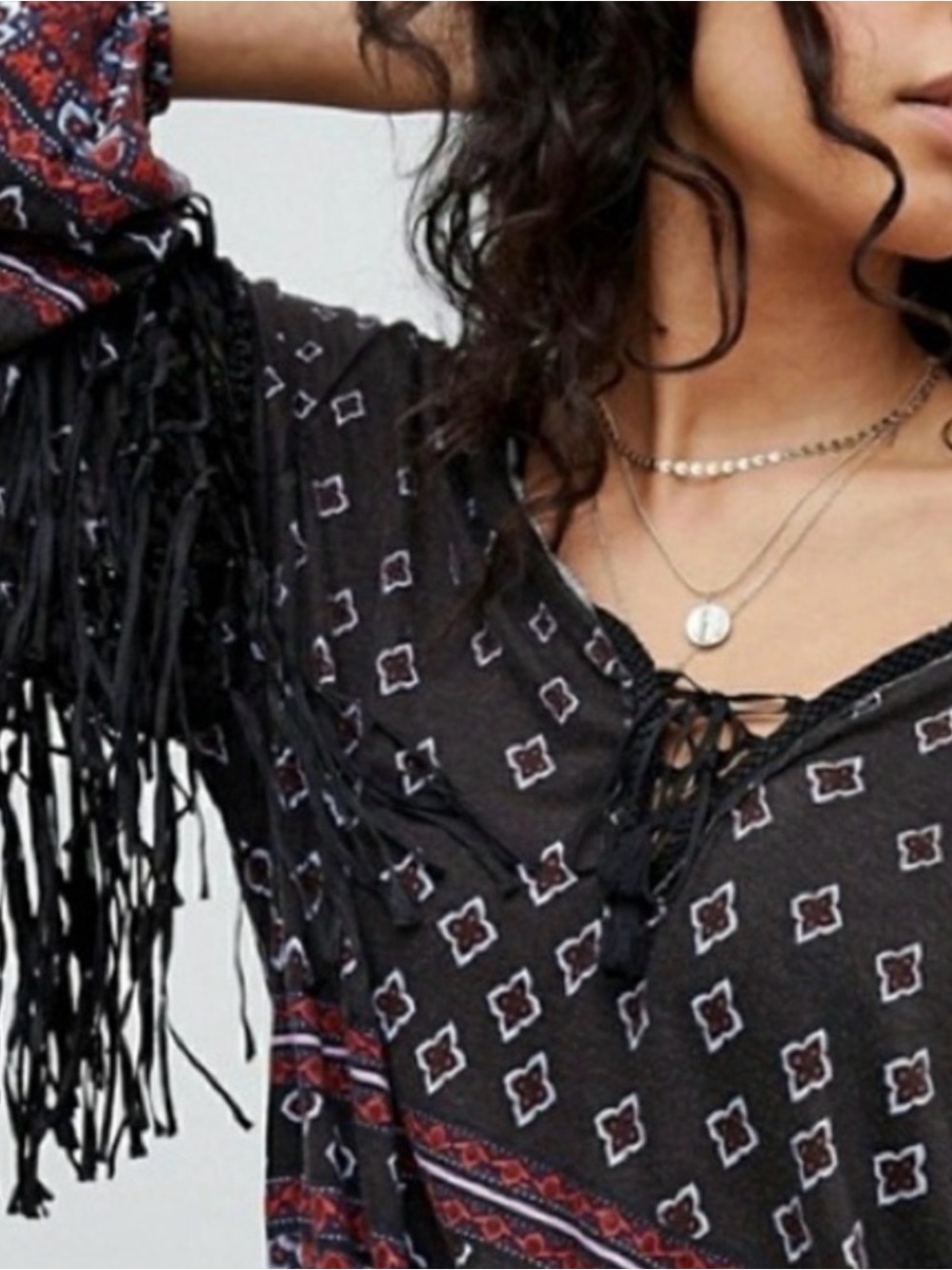 NWT! FREE PEOPLE Macra Maze Me Black Peasant Blouse, Fabulous Fringe Sleeves